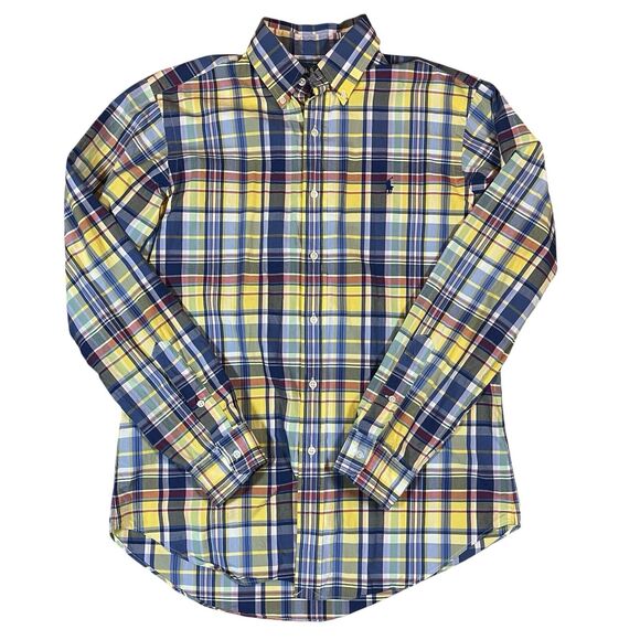 Ralph Lauren Medium Plaid Button Shirt Vintage Classic Fit Blue Yellow Vibrant - Picture 1 of 10